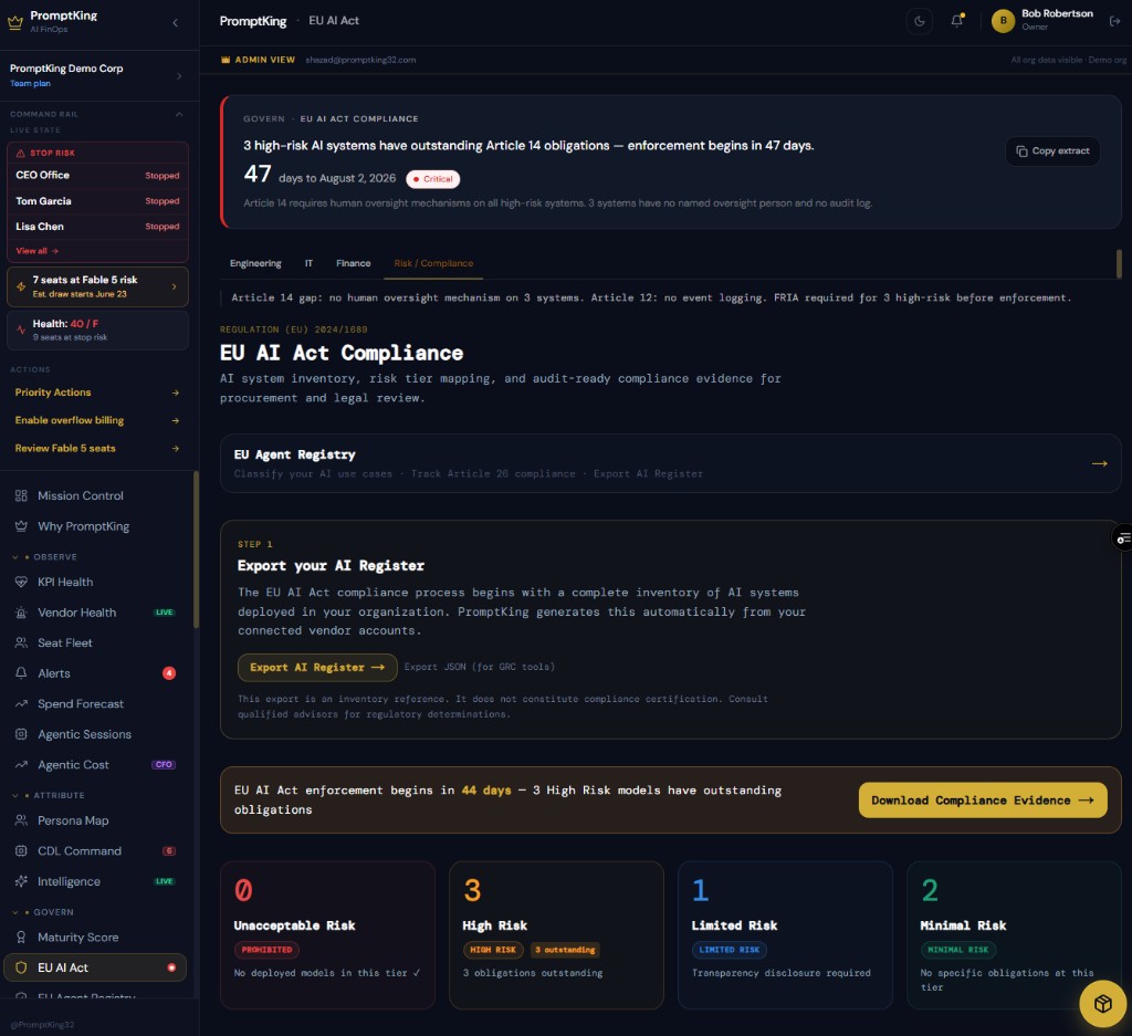 EU AI Act compliance dashboard showing Annex III classification scores and deployer evidence status