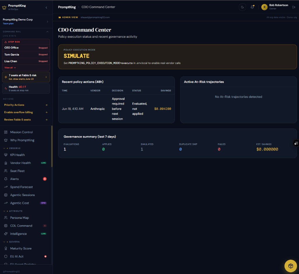 Policy decision screen showing simulated action, explainability text, estimated impact, and audit record